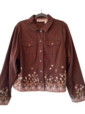 Susan Bristol Womens XL Vintage Floral Embroidered Button-Up Jacket Brown